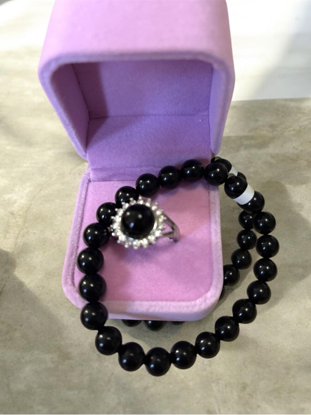 Black Onyx Halo Ring with Matching Bead Bracelet